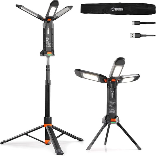gogonova 2025 Rechargeable Work Light with Stand, 4 in 1 Cordless Camping Light, 700/1200/2200 Lumens, 4000/6500K Dimmable LED Work Lamp with Detachable Tripod（Grey）