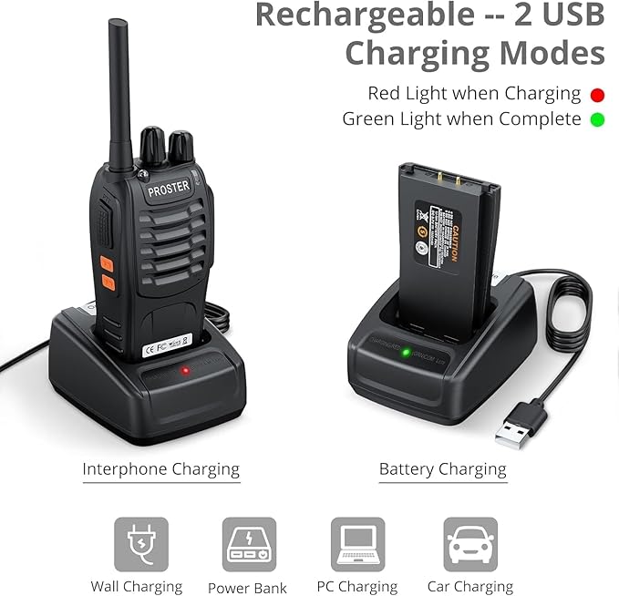 Proster Rechargeable Walkie Talkies 2 Pair - Long Range Two Way Radios 16 Channel Handheld Walky Talky with Flashlight Li-ion Battery and Charger
