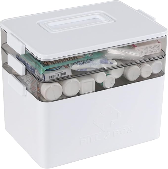 Ramddy 3-Tier Medicine Storage Box, Plastic Family First Aid Box with Handle, White, 1-Pack