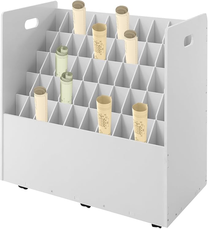 Blue Print Storage Organizer, 50 Slot Mobile Roll File Cart, Construction Plan Holders, Blueprint Cabinet with Wheels for Office Home Library