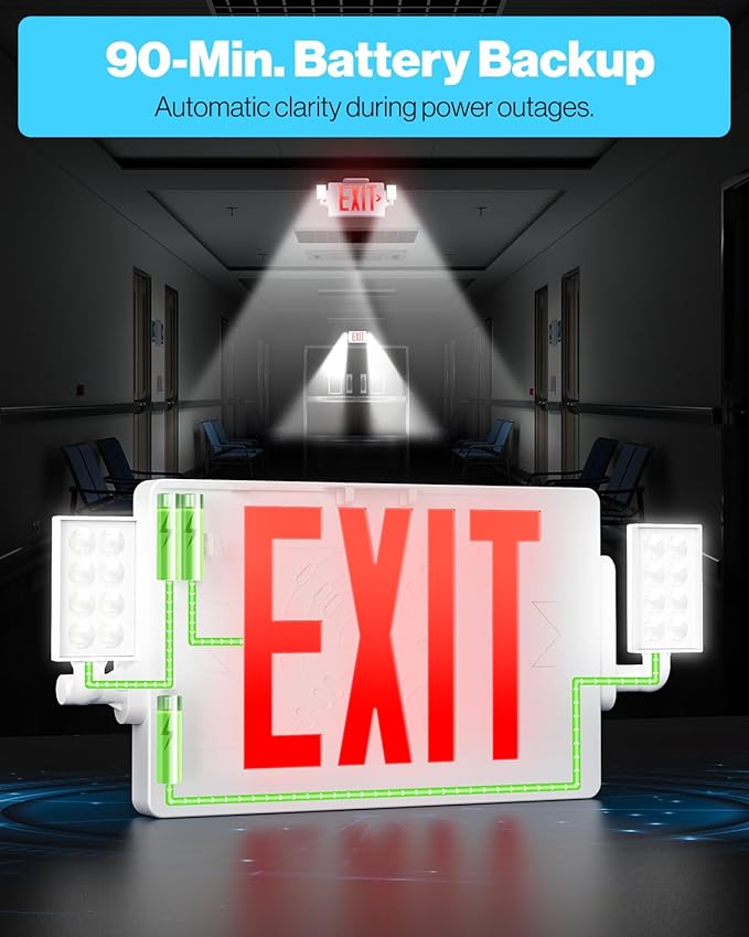 Sunco Exit Signs With Emergency Lights, Two Adjustable LED Lights With Backup Battery, Red, 94V-0 Fire Resistant, 120-277V, Wall Or Ceiling Mount, Commercial Grade UL 4 Pack.