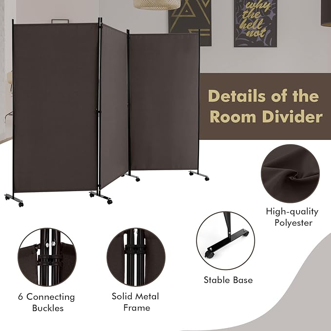 Giantex 3 Panel Room Divider with Wheels, 103''W x 71''H Folding Privacy Screen, Rolling Partition Room Dividers for Home Office Studio, Freestanding Fabric Wall Divider for Room Separation, Brown