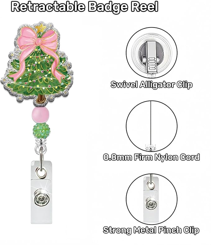 Christmas Tree Badge Reel Glitter Christmas Badge Holder Retractable ID Name Tag Xmas Tree Bow Badge Reels with Bead Christmas Acrylic Alligator Badge Clip Holiday Gift for Doctor Nurse Office Staff