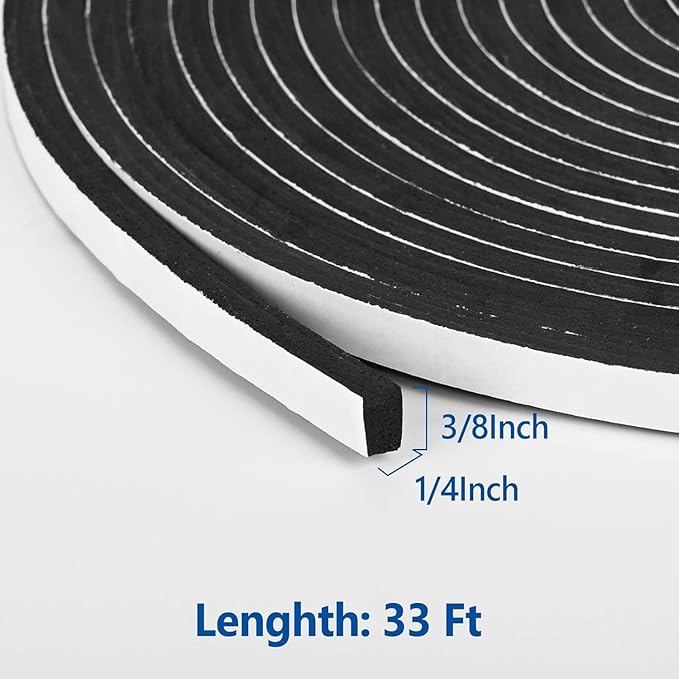 Kikerike Self Adhesive Foam Tape Weatherstrip 3/8In x 1/4In x 33Ft High Density Foam Insulation Strips Seal Weather Stripping with Strong Adhesive for Door and Window Sound Isolation Soundproofing