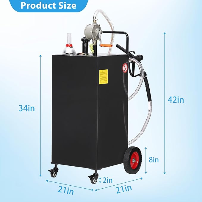 Upgraded 35 Gallon Fuel Caddy, Manual Hand Pump & Easy-Roll Wheels, Heavy-Duty UV-Resistant Steel Tank for Gas & Diesel, Portable Fuel Storage for Tractors, Mowers, Boats