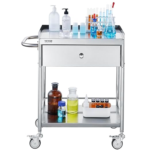 VEVOR Stainless Steel Utility Cart with Wheels - Medical/Dental Lab Cart - 2 Shelves/1 Drawer
