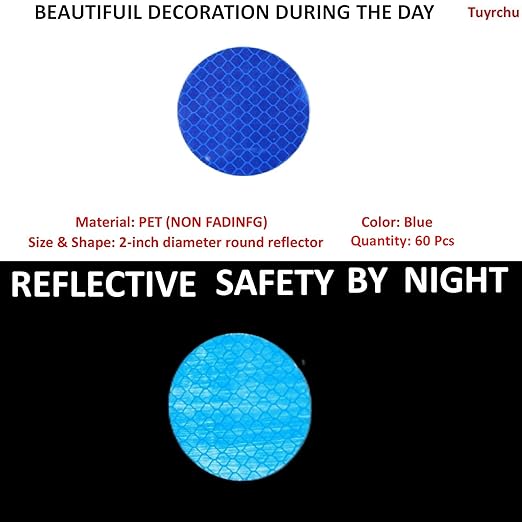 Blue Reflective Stickers 2-inch Diameter Round Reflector, Outdoor Waterproof High Visibility Warning Adhesive Tape (60 Pcs)