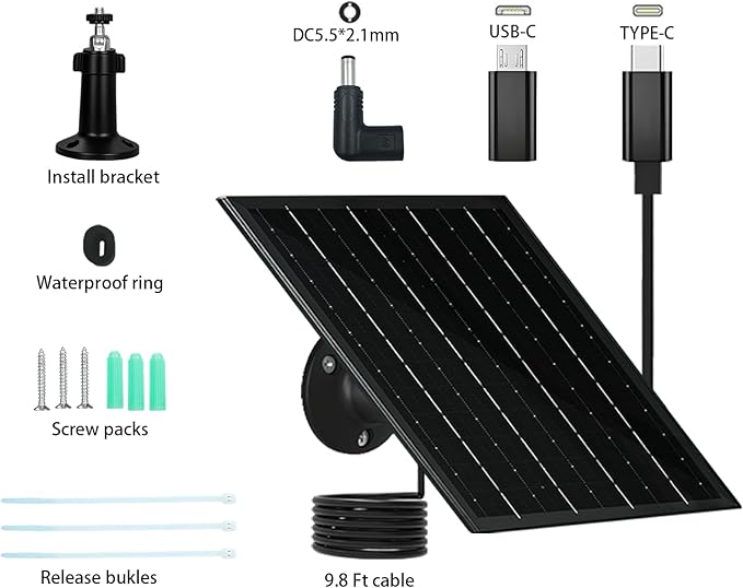 6W 5V Solar Panels for Security Cameras Type-C Micro USB C DC Port Solar Panel 5V Compatible with Recharged Battery Cameras Outdoor IP65 Waterproof 360° Adjustable Mount 9.8ft Cable 1 Black