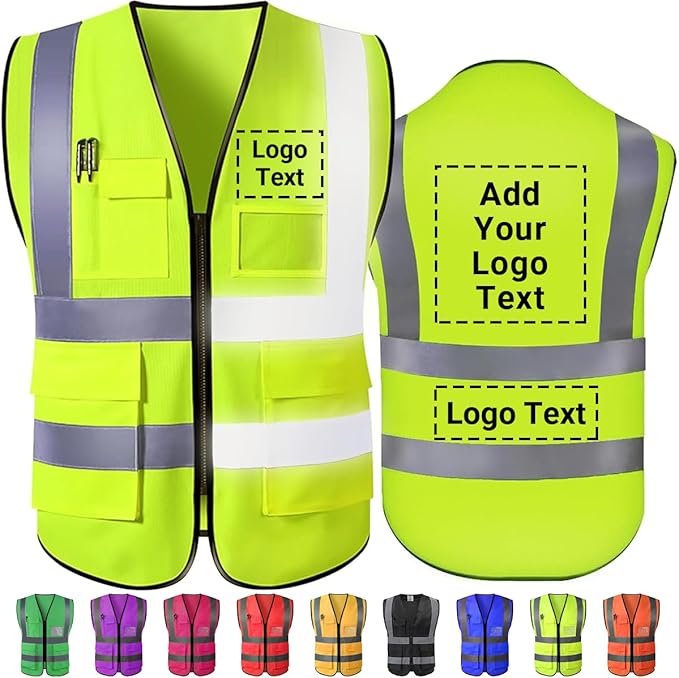 Custom Safety Vest Customized Logo Name Text Class 2 High Visibility Reflective Vests with Pockets for Construction Workwear