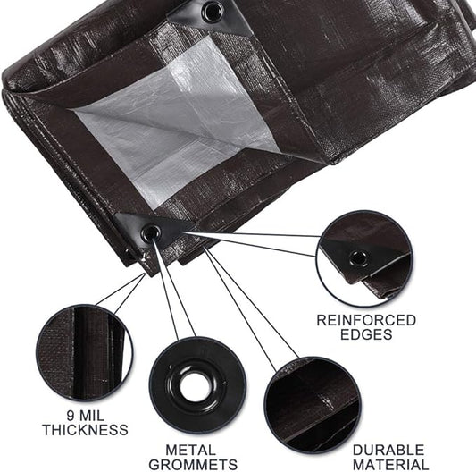 Outdoor Tarp Heavy Duty 9 Mil Multi-Purpose Waterproof Reinforced Rip-Stop Tarps with Grommets - 20 x 30 Feet, Brown Sliver