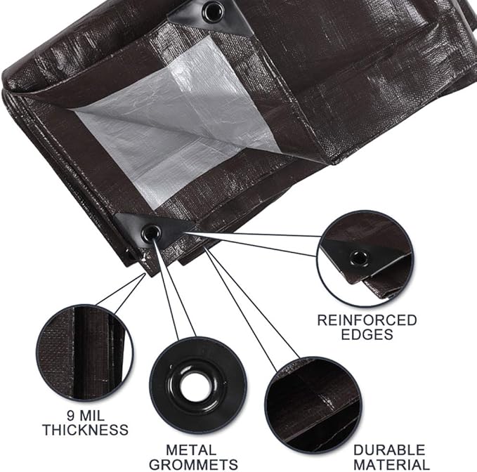 Heavy Duty Tarp 9 Mil Thick Multi-Purpose Waterproof Tarp Protect Your Tent, Flatbed, Firewood, or Roof - 12 x 16 Feet, Brown Sliver
