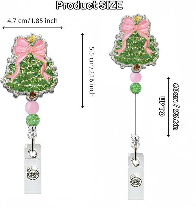 Christmas Tree Badge Reel Glitter Christmas Badge Holder Retractable ID Name Tag Xmas Tree Bow Badge Reels with Bead Christmas Acrylic Alligator Badge Clip Holiday Gift for Doctor Nurse Office Staff