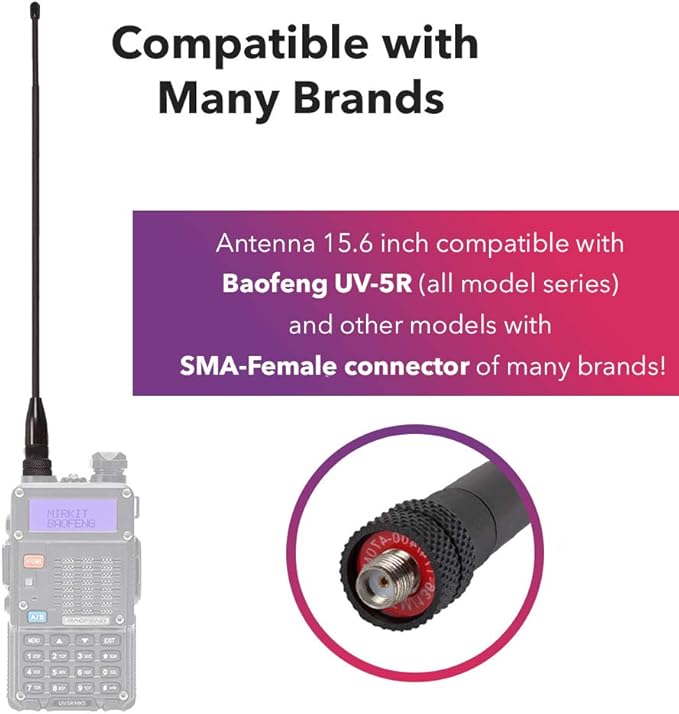 Dual Band Radio Antenna 15.6 inch VHF/UHF (144/430mhz) - Handheld Ham Radio Antenna, Suitable with Baofeng - Antenna Upgrade for Walkie Talkie UV5R, UV82 and Other Models with SMA-Female Connectors
