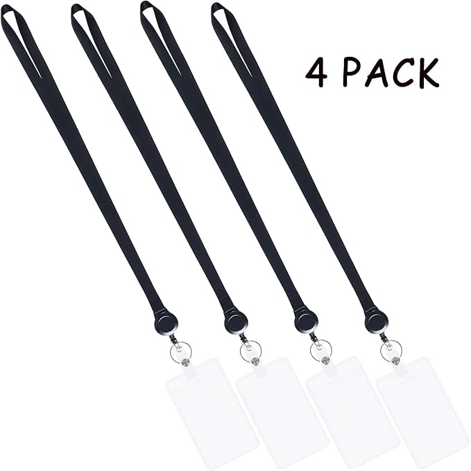 YOUOWO Lanyards Black with Retractable Badge Reel and Vertical ID Badge Holder,Punched Zipper Waterproof (4 Pack Black with Badge Reel Badge Holder)