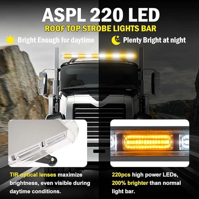 ASPL 46 inch 220 LED Rooftop Low Profile Strobe Light Bar Emergency Warning Beacon Car Hazard Flashing Construction Roof Lights Bars for Trucks Tow Automotive Construction Vehicle (Amber/White
