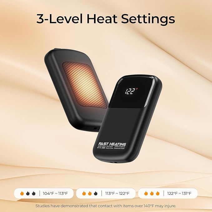 Hotdot Hand Warmers Rechargeable, Heat Levels (104–131°F), Real-Time Temp & Battery Display, Electric Hand Warmers, Fast Heating, Fits in Gloves/Pocket, Gifts for Women & Men
