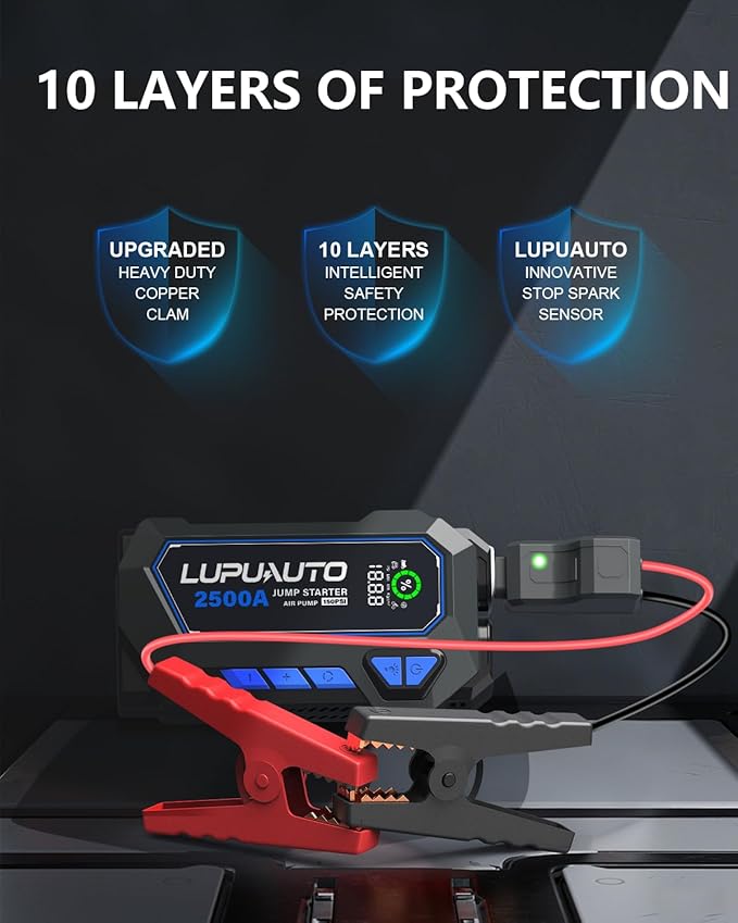 2500A Jump Starter with Air Compressor, Battery Booster 150 PSI Cordless Tire Inflator, 12V Supersafe Jump Box, Portable Car Chargers & Jump Starter for up to 7.5-Liter Gas and 5.0-Liter Diesel