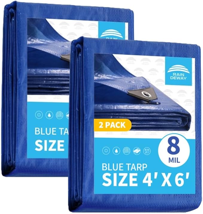 RAINDEWAY Small Tarps 4x6 Feet (2 Pack) 8 Mil, UV Resistant, Durable, Multipurpose Waterproof Poly Tarp Cover with Metal Grommets and Reinforced Edges,Blue Tarp