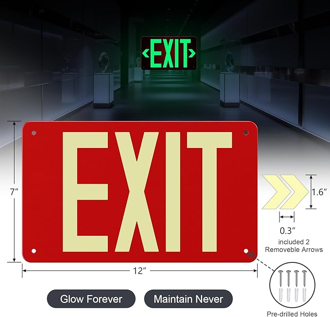Photoluminescent Aluminum Exit Sign Red Glow in The Dark, 12x7 In Self-Adhesive Backing Emergency Exit Sign Sticker with Removable Arrows, Non-Electrical for 50 Feet Visibility (1 Pack)