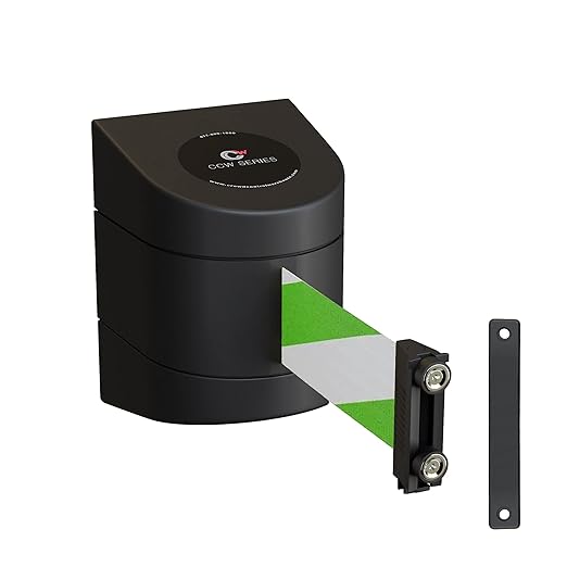 Crowd Control Warehouse - CCW Series WMB-220 Magnetic Wall Mount Retractable Belt Barrier - 15 Foot, Green and White Diagonal Belt with Black ABS Case
