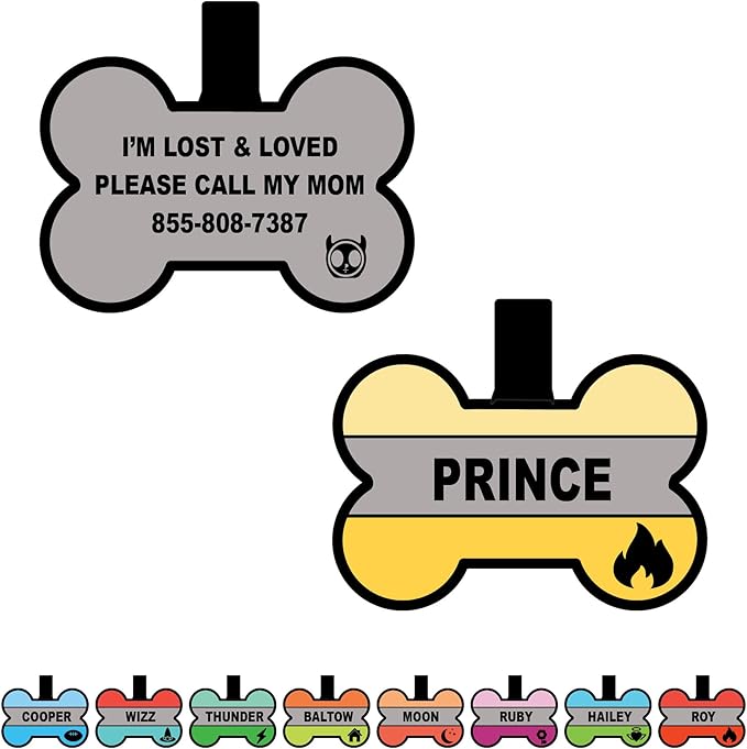 Silent Dog Tag Personalized with 5 Lines of Custom Deep Engraved Durable Soundless Silicone Pet ID Name Tag Bone Design Yellow