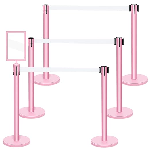 Therwen 6 Pack Heavy Duty Crowd Control Stanchions 9.8 ft Stainless Steel Stanchion Set with 6 Safety Barrier Post Retractable Belt and 1 Sign Holder Crowd Control Barrier(White Belt,Pink)