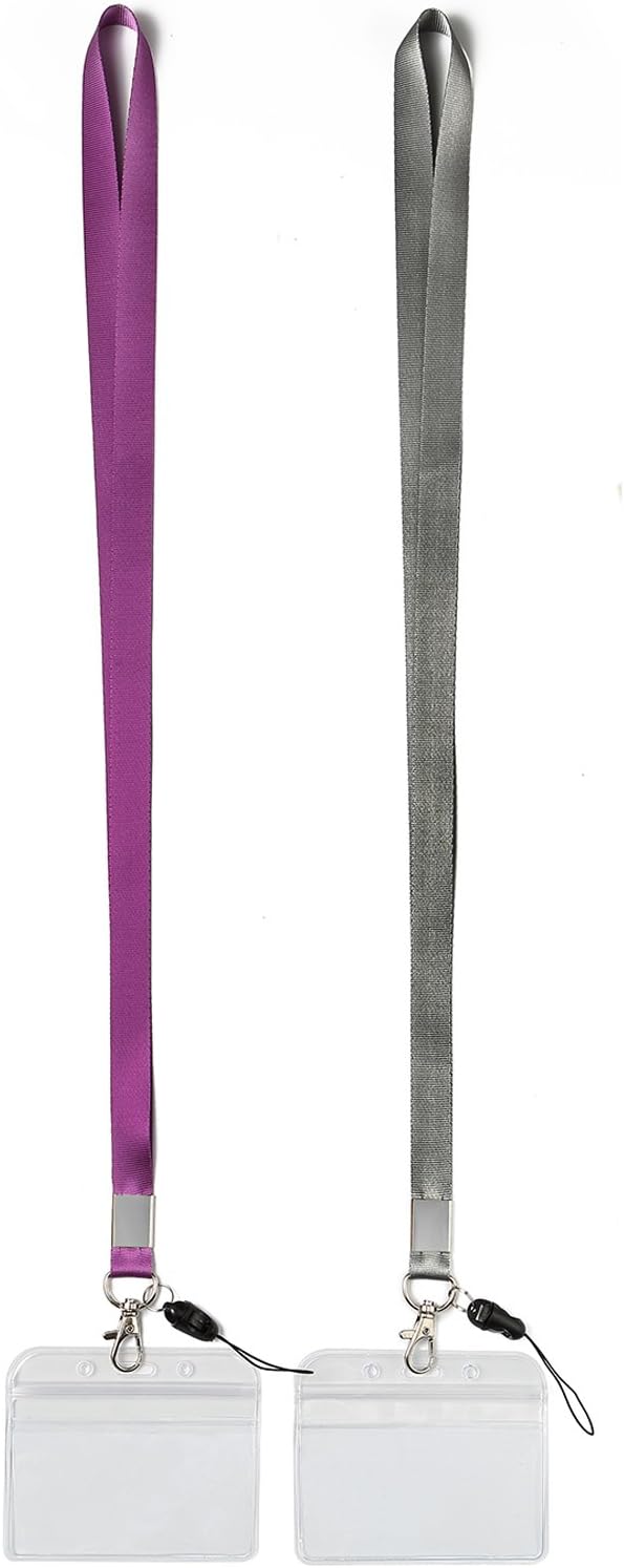 YOUOWO 2 Pack Horizontal Clear ID Badge Holders with Office Neck Lanyards with Clip,Purple Grey Lanyard with Heavy Duty id Holder,PVC Name Tag Card Holder,Waterproof Resealable