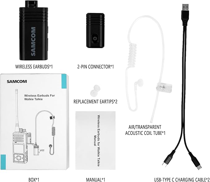 SAMCOM BTEAR01 Wireless Earpiece with Clear Airtube Tube 2 Pin Dongle for Two-Way Radios, FPCN30A/FPCN10A Wireless Headset Earphone with Mic 2-Pin K Plug, Radio NOT Included