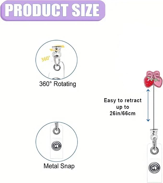 Cute Strawberry Bow Badge Reel Pink Glitter Acrylic Badge Clip for Nurse Nursing Name Tag Accessories Strawberry Badge Holder with Alligator Clip & 24” Durable Nylon Retractable