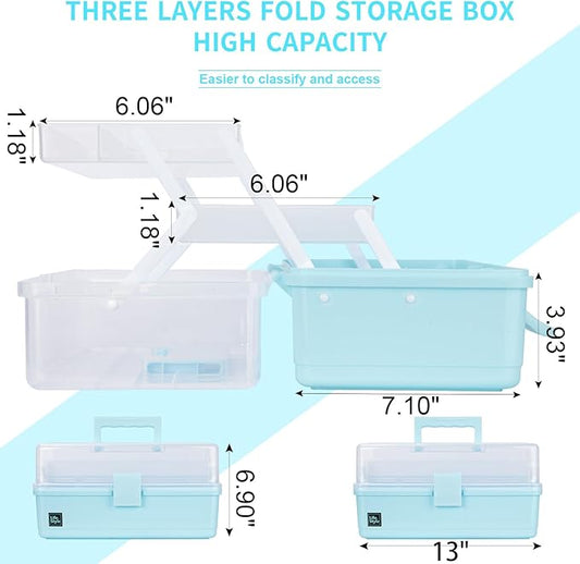Creahaus 13 inch Art Craft Organizer Storage Box with 3 Layer, Multipurpose Plastic Tool Box with Handle for Sewing, Art Supply, Medicine, Nail, Hair Accessories (Blue)