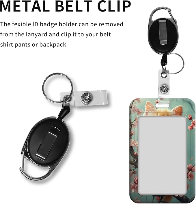 ID Badge Holder with Retractable Lanyard for Women & Men,Vertical ID Card Holder Wallet,Clear Window&Card Slot,Detachable Neck Strap for Nurse Teacher Office,Cherry Blossom Cat