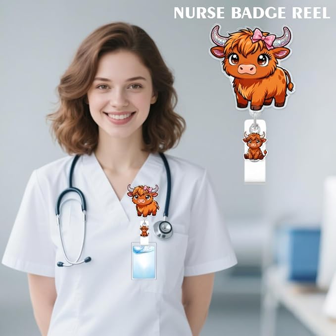 Cute Highland Cattle Badge Reel for ID Card, Funny Bow Cattle Retractable Nurse Alligator Clip Badge Reel for Women, ID Name Tag Badge Holder for Office School Hospital Nurses Doctors Teachers