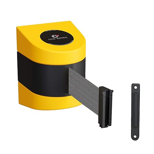 Crowd Control Warehouse - CCW Series WMB-220 Fixed Wall Mount Retractable Belt Barrier - 15 Foot, Dark Grey Belt with Yellow ABS Case