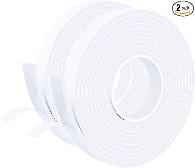 EVA Foam Weather Stripping Tape,1 Inch W x 1/4 Inch T Self-Adhesive Seal Tape for Doors & Windows-Draft Blocker,Soundproofing,Waterproof Insulation Foam,2 Rolls Total 33FT White