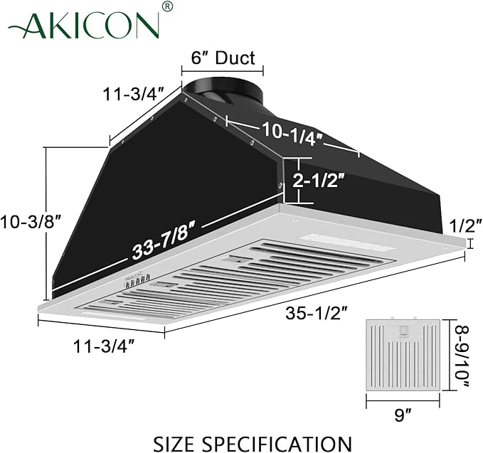 Range Hood Insert/Built-in 36 inch,Ultra Quiet Powerful Vent Hood with LED Lights, 3 Speeds 600 CFM, Stainless Steel - Akicon