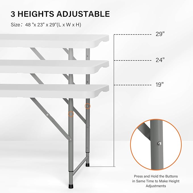 VINGLI 4 FT Plastic Folding Camping Table,3-Level Adjustable Height, Portable in/Outdoor Party Picnic Dining Desk, Garden Soccer Multipurpose Entertaining Activities，White