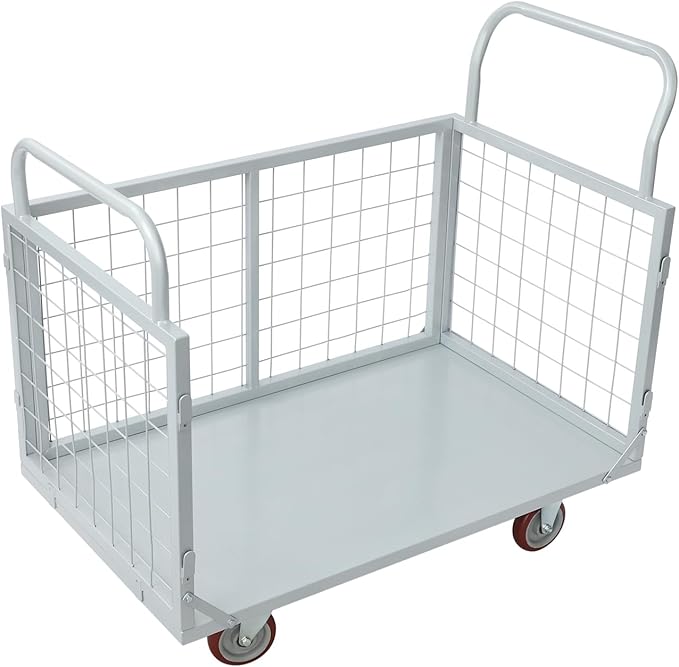 Platform Truck Cart with Cage, 4 in 1 Mutipurpose Handcart with Wheels, 1800lbs Capacity Heavy Duty Push Cart Dolly Foldable Flatbed Cart for Workshops Warehouses Supermarkets