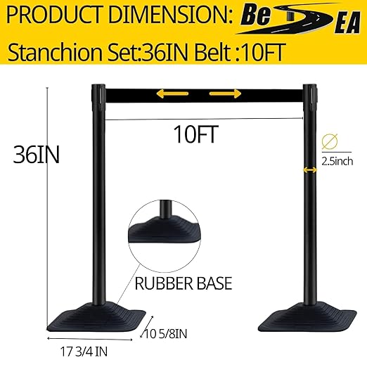 BESEA 4 Pack 36" Black Crowd Control Barriers with 10FT Retractable Belt, Heavy Duty Rectangle Base Stanchions for Queue Management, Event, Hotel, and Airport Use