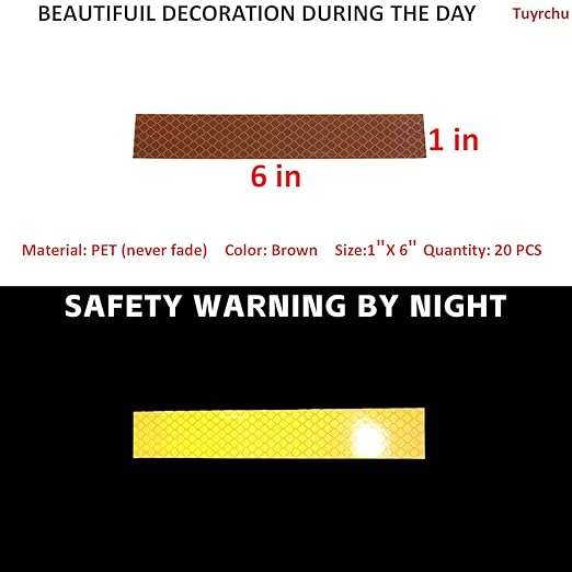 Non Fading Brown Reflective Stickers 1 inch X 6 inch, Outdoor Waterproof High Visibility Warning Safety Adhesive Reflector Tape (20 Pcs)