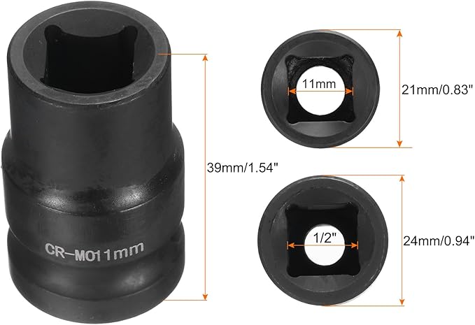 HARFINGTON 4 Point Square Socket 1/2" Drive 11mm Metric Square Impact Socket CR-MO Blackening Standard Wheel Sockets Pneumatic Socket Tool for Auto Repair Mechanical Maintenance Home Use