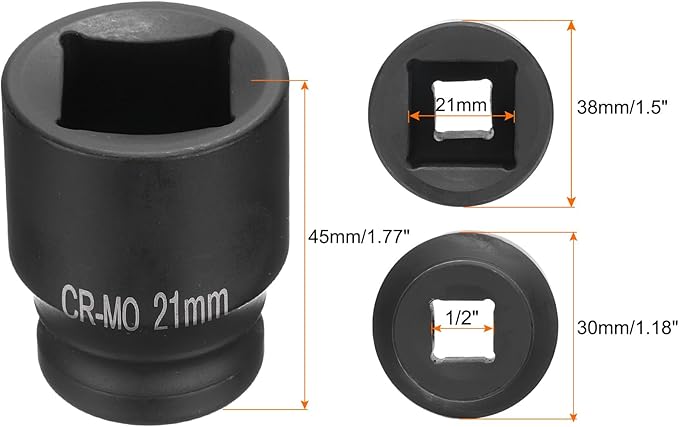 HARFINGTON 4 Point Square Socket 1/2" Drive 21mm Metric Square Impact Socket CR-MO Blackening Standard Wheel Sockets Pneumatic Socket Tool for Auto Repair Mechanical Maintenance Home Use