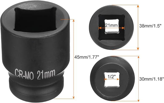 HARFINGTON 4 Point Square Socket 1/2" Drive 21mm Metric Square Impact Socket CR-MO Blackening Standard Wheel Sockets Pneumatic Socket Tool for Auto Repair Mechanical Maintenance Home Use