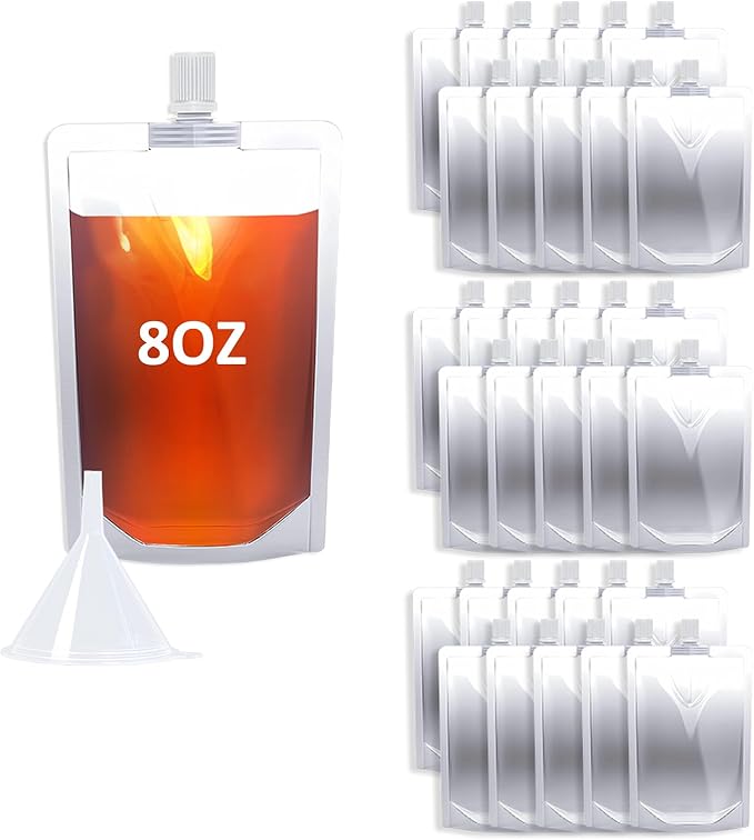 8OZ 30PCS Drink Pouches,Reusable Plastic Flask with Funnel for Drinking Liquid Beverage Juice,Stand Up Drink Bags for Travel Camping Outdoor Sport Concert Events,Leak-Proof Food Grade