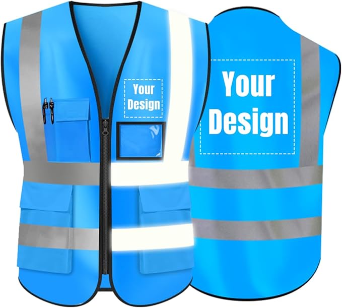 YOWESHOP High Visibility Safety Vest Custom Your Logo Protective Workwear 5 Pockets With Reflective Strips Outdoor Work Vest (Blue (XL))