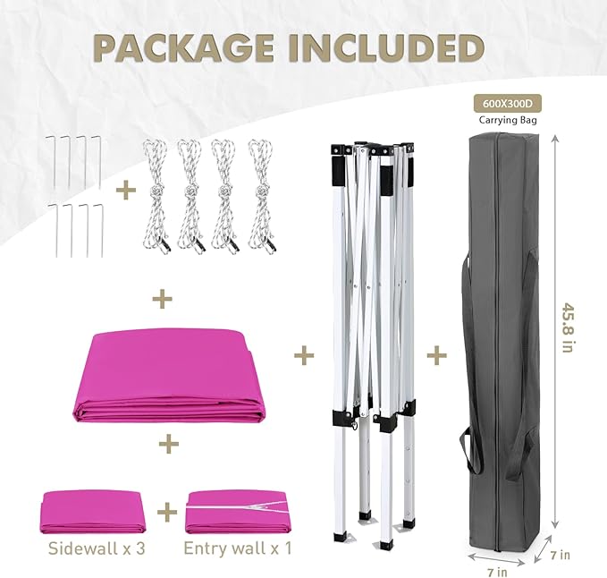EAGLE PEAK 5x5 Instant Canopy with 4-Side Wall Panels, Small Pop up Portable Canopy Tent with Carry Bag, Light Weight Sun Shelter for Sports, Camping and Beach, Pink