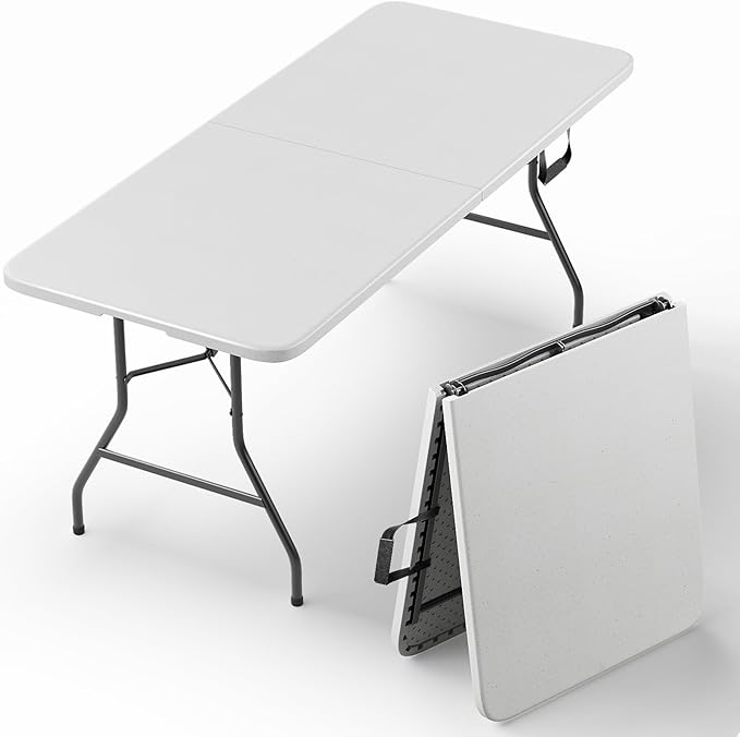 Folding Table, 6FT Foldable Picnic Table with Carrying Handle, Heavy Duty Fold-in-Half Portable Table for Weddings, Camping, RV Travel, Parties, BBQs, and Indoor Use, Easy to Fold and Store