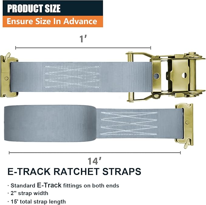 8Pack E-Track Straps Ratchet Etrack Strap Box Truck Strap Tie Down Heavy Duty 2" x15' 4400lbs Breaking Load, 2200 Working Load E-Track Accessories Grey