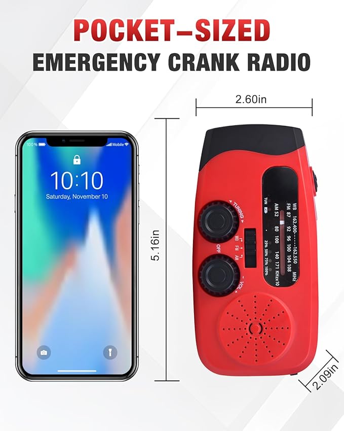086S Hand Crank Emergency Radio - 2000mAh/7400mWh AM/FM/NOAA Solar Hand Crank Emergency Radio with 3 LED Flashlight, SOS Function for Emergencies, Camping - Red