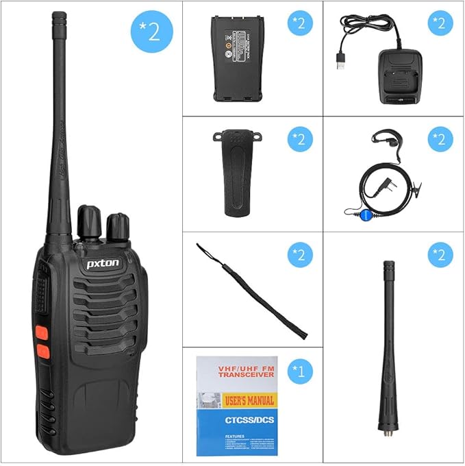 pxton PX-8S-01 walkie talkies for Adults with Upgraded Headset,Handheld Portable Two Way radios Long Range Include Rechargeable walkie Talkie Li-ion Battery and USB Charger（2 Pack）