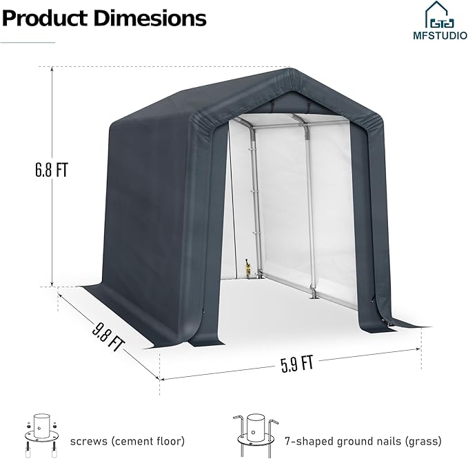 MFSTUDIO 6x10 Storage Sheds, Outdoor Shades Portable Storage Shelter Garage with Rolled up Zipper Doors, Heavy Duty Garages Carport Tent for Motorcycle, Bicycles and Outdoor Tools